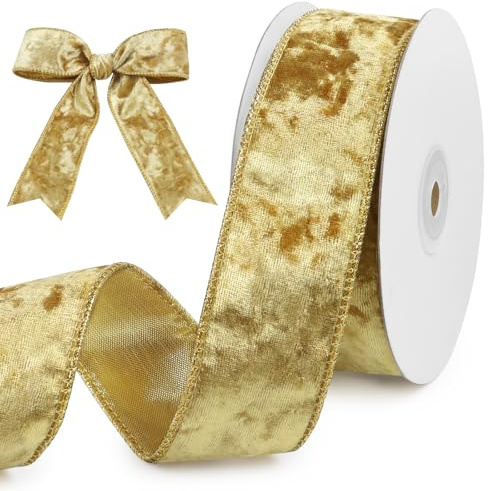 LEREATI Samtband Golden 40mm x 9m Geschenkband mit Draht Samtband Breit mit Goldenem Rand, Geschenkband Samt für DIY, Handwerk, Geschenkverpackung, Zuhause, Girlande, Schleife