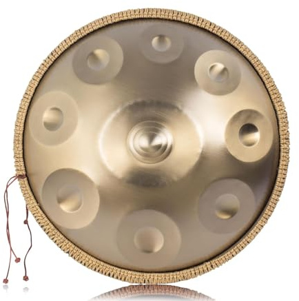 Handpan 22 Zoll D-Moll Kurd Handpan, 10 Noten Handpan Drum Instrument, Stahlhandtrommel, 432 Hz Sound Handpans Drums for Klangheilung, persönliche Meditation, Yoga(Gold)