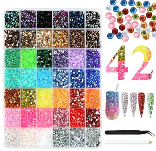 BUTBU 3 2 000 st glitter för ansiktet, 3 mm runda ädelstenar, 42 färger diamanter för hantverk, glittrande ansikte klistermärken med vaxpenna och pincett, för nagel, ansiktsbehandling, gör-det-själv