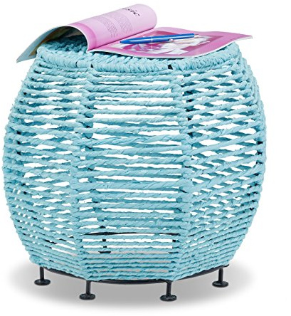 Relaxdays Strick Hocker Shabby Chic, Sitzhocker aus Metall u. Stoff, runder Pouf m. Beine HxBxT 35 x 42 x 42 cm, türkis