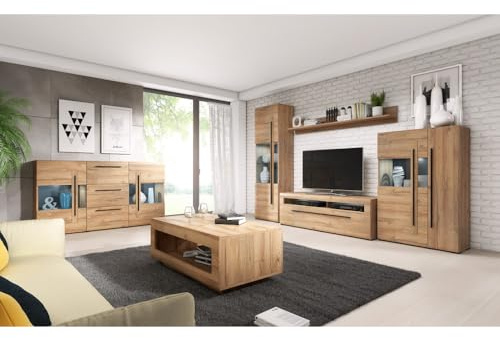 Lomadox Wohnzimmer Set inkl. Wohnwand Sideboard und Couchtisch in Eiche Grandson Nb. mit LED Beleuchtung, B/H/T: ca. 320/104/50 cm