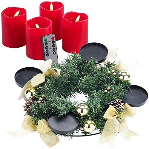 Britesta Advent Kranz: Adventskranz mit goldfarbenem Schmuck, inkl. LED-Kerzen in rot (Adventskranz für Senioren, Adventskranzgestecke, Weihnachten)