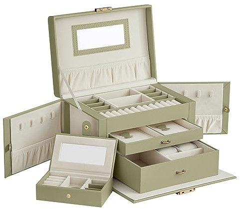 SONGMICS Caja Joyero de 3 Niveles, para Joyas con 2 Cajones, Portátil para Viajar, con Asa, Cerradura, Idea de Regalo, PU Verde Laurel, Forro Blanco Crema JBC121C02