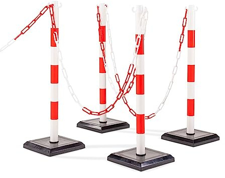 Steinbock Kettenständer 4 Stück | HxBxT 90 x 28 x 28 mm | 12,5 m Kettenlänge | Rot/Weiß | betongefüllte Fußplatte | Absperren von Innen- und Außenbereichen | standsicherer Ketten-Warnständer