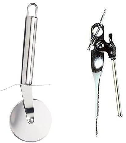 Chef Aid Pizza Cutter Wheel Stainless Steel with Finger Guard – Sharp, Non Slip Cutting Wheel, Dishwasher Safe with Hanging Loop + Chef Aid Butterfly Can Opener Silver