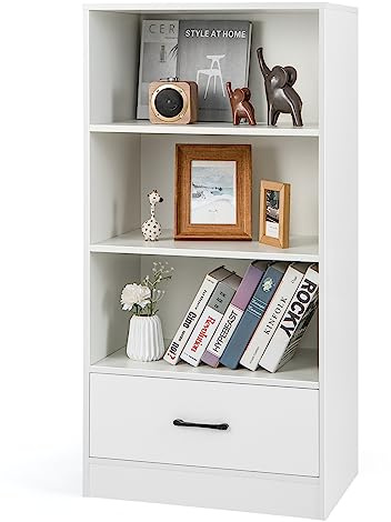 HOMASIS Vertikales Bücherregal mit Schublade, Bücherregal aus Holz mit 4 Ebenen, Standregal mit Kippschutz, Gesamtbelastbarkeit 90 kg, 60 x 38 x 120 cm (Weiß)