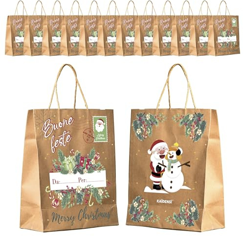 Sacchetti Regalo Natale Grandi in Carta Kraft -12 Buste per Regali Natalizie con Manici - Borse Doni Natalizi Originali - Sacchetto di Natale Originale