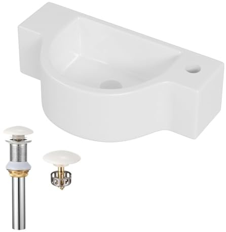 Albriya Bathroom Ceramic Washbasin with Pop Up Drain and Installation Kit, White Small Sink Wall Mount Sink Corner Sink Set Chrome Pop-up Drain Included (Not Included Faucet)