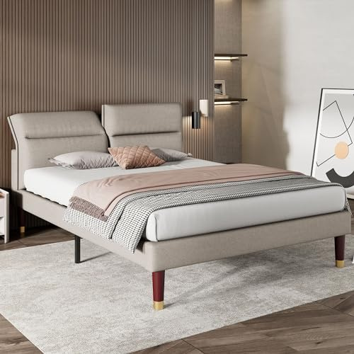 Kayan Doppelbett Polsterbett 160 x 200 cm, Bettgestell mit Lattenrost und Verstellbares Kopfteil, Lattenrost aus Holz, Leinen, Gepolstertes Bett in Beige&Grau (160x200cm)