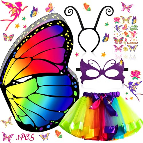 MOYKSRR 5pcs Deguisement Papillon Fille, Déguisement Carnaval Enfant, Ailes de Papillon avec Tutu Jupe, Serre-tête, Masque et Tatouages Papillon, pour Cosplay Halloween Anniversaire Fête Carnaval