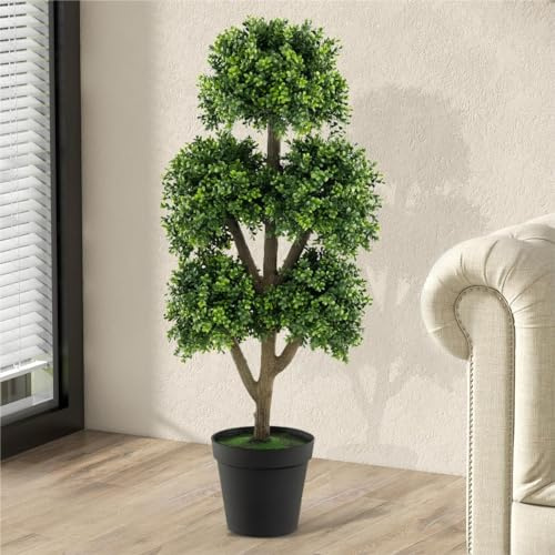 TANGZON Artificial Boxwood Topiary Tree, Potted Fake Buxus Ball Plant with 5 Balls & Cement Pot, Indoor Outdoor Decorative Evergreen Faux Tree for Home Office Living Room Garden Porch (1)