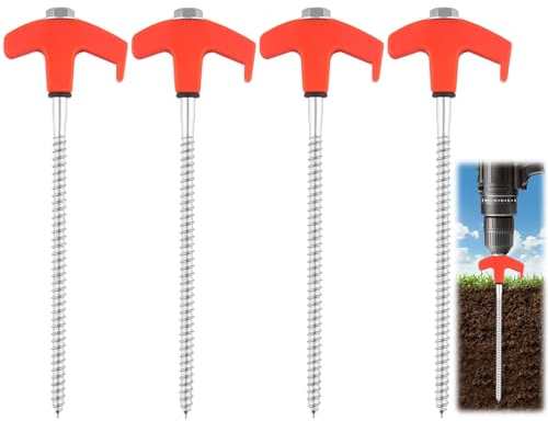 MOKIDO 4 Stück Drehbare Zeltheringe mit Gewinde, Camping Zeltheringe, Stahl-Heringe mit Gewinde und Seil-Halterung, Erdnägel Stabil Harter Boden Schraubheringe für Camping (Rot)