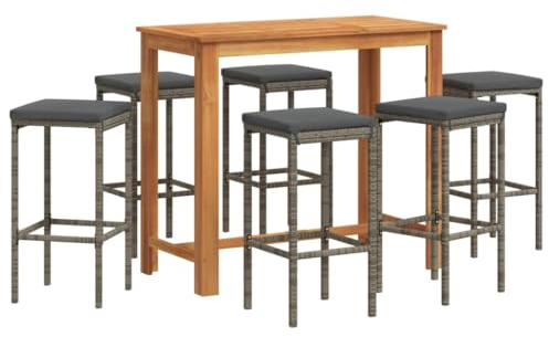vidaXL Gartenbar Set 7-TLG., Bar Tresen Theke Bartisch Barhocker, Barset Sitzgruppe für Garten Terrasse, Gartentheke Gartenmöbel, Grau Massivholz Akazie Poly Rattan