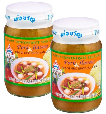 Por Kwan Thai Instant Concentrate Pork Flavour Soup Base Broth Stock Seasoning Paste 225g (Pack of 2)