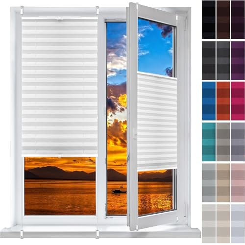Plissee Ohne Bohren Klemmfix 36 x 60 cm, Nach Maß Qualität Ohne Bohren, Easyfix Plisseerollo Jalousie Faltrollo, Plissee Sonnenschutz Fenster, für Fenster & Tür, Weiß