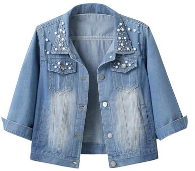 Locachy Damen Jeansjacke mit 3/4-Ärmeln, bestickt, Nieten, Perlen, Knopfleiste, kurze Denim-Jeansjacke, Hell, blau, X-Large