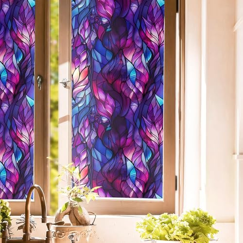 16“x118 Mosaic Purple Stained Glass Double Side Window Films Art Decorative Window Privacy Tinting Film Self-Adhesive Static Glass Window Clings Stickers for Living Room Bathroom Glass Windows Decor
