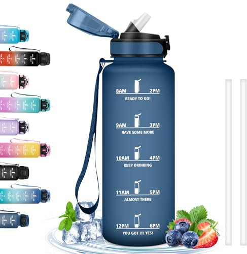 Borraccia 1,5 Litri, Borraccia con Cannuccia, Senza Perdite, Borracce Motivazionale con Scala Temporale, Borraccie per Bere di Piu, per Sport, Fitness, Escursionismo, Ciclismo, Campeggio, Blu Navy
