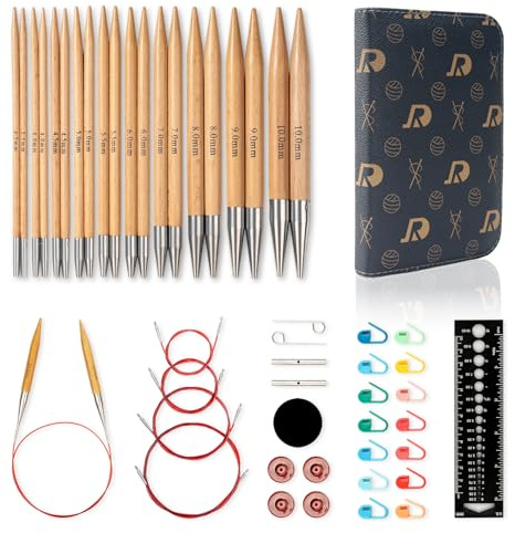 RUIDI Set di Ferri da Maglia Circolari, Set di Ferri Circolari Intercambiabili in Legno Liscio con Custodia e Accessori, 10 Paia di Ferri Circolari (12cm), misure 3,5mm a 10mm (Faggio)