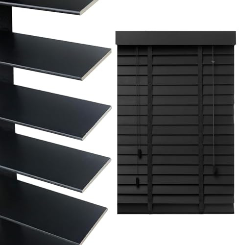 2 Slats Cordless Window Blinds Faux Wood Blind 20 28 32 40 48 60 64 70'' Horizontal Wooden Venetian Blinds & Shades, Blackout Darkening Privacy Blinds for Bedroom Bathroom Living Room(Black)