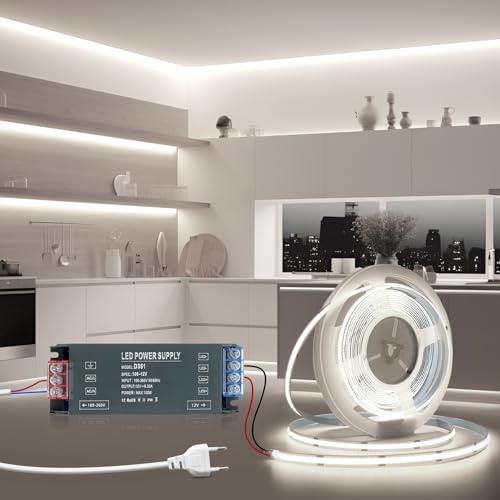 BRIMETI Tira LED 5M COB 12V Autoadhesivo Luz Blanca Fria 6000K 320LEDS/M Tira LED Cocina Cortable Ancho 8mm Con 12V Transformador 100W y Cable de Alimentación, para Dormitorio Fiestas