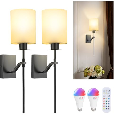 QCXWCJWD Battery Operated Wall Sconce Set of 2, Rechargeable LED Wall Lamp, Wireless Wall Lights with Beige Fabric Shade, Vintage Indoor Dimmable Wall Light, Not Hardwired Fixture (01)