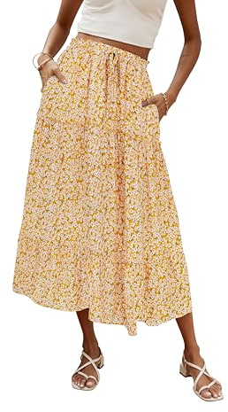 Hount Rock Damen Lang Boho Sommerrock Elegant Maxiröcke Casual Freizeitrock Kordelzug Elastische Röcke mit Taschen