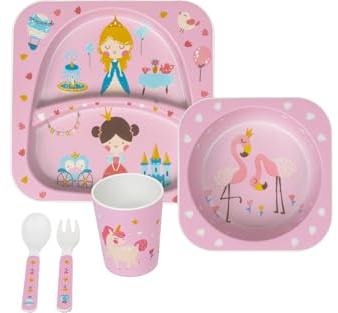 BERGER Kinder Geschirr 5-tlg. | Kindergeschirr Set Teller Becher Schale und Kinderbesteck aus RPET | Plastik Essgeschirr BPA-frei & Bruchsicher | Wiederverwendbar Perfekt für Camping & Alltag (Menina)