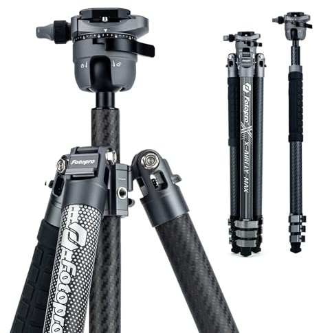 Fotopro 65 Carbon Fiber Travel Tripod, Professional Heavy Duty Tripod with Super Large Ball Head Flip Lock Max Load 22lbs, wih Monopod Phone Clip, X-AIRFLY Max Grey