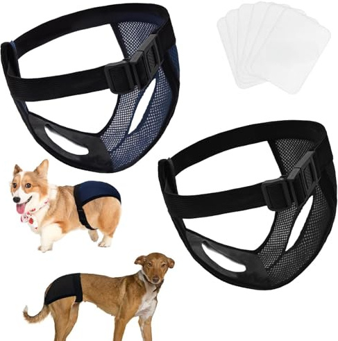 Pmueuff 2er Pack Hundewindeln Wiederverwendbare Mesh Läufigkeitshose für Hündinnen mit 8 Damenbinden Hundewindeln für Hündinnen Waschbare Schutzhose Einstellbar, Schwarz und Blau, XL
