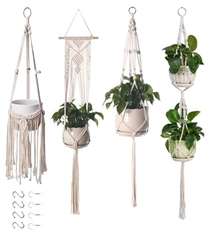 TETSMG Makramee Blumenampel Hängend Innen, 4er Set Boho Deko Makramee Hängeampel mit Haken, Baumwollseil Blumenampel Hängend, Boho Zimmer Deko Aesthetic, Hängeampel für Balkon Fenster Deko (Creme B)