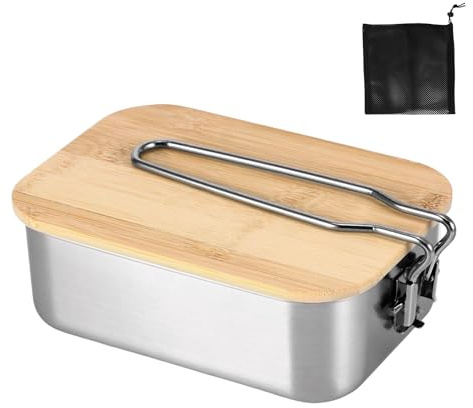 Weskjer Fiambrera Bento de 900 ml Fiambrera Premium para Niños Reutilizable de Acero Inoxidable con Tapa de Madera para Picnic y Oficina
