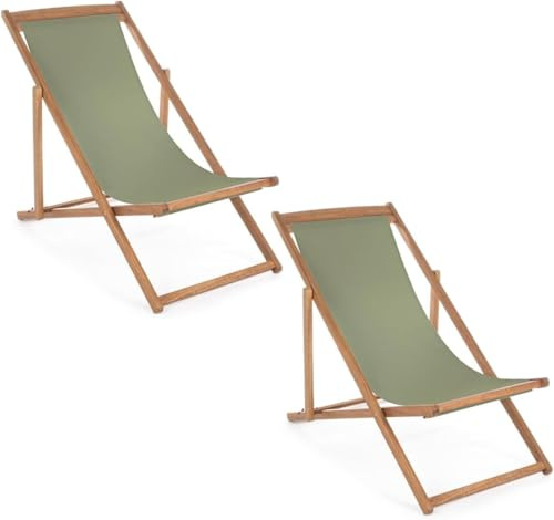 Yellowshop | Set 2 sdraio NOEMI Lettino da giardino spiaggia in legno di acacia e tessuto poliestere, Reclinabile, Pieghevole, 4 Posizioni (Verde Muschio)
