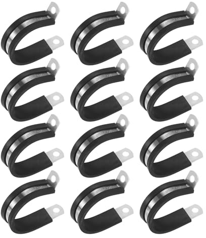 M METERXITY 12-Pack Cable Clamps, 1-11/32 Inch/ 34 mm 304 Stainless Steel Rubber Cushioned Insulated Cable Clamp R Shape Metal Holder for Tube/Wire/Pipe/Loop Installation
