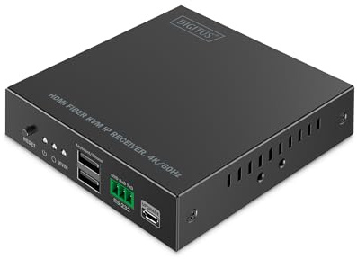 DIGITUS HDMI Fiber KVM IP Extender Receiver für DS-55348 – UHD 4k 60Hz | HDMI 2.0, 2x USB 2.0 – Reichweite MM 300m und SM 40km – Punkt zu Punkt – Schwarz