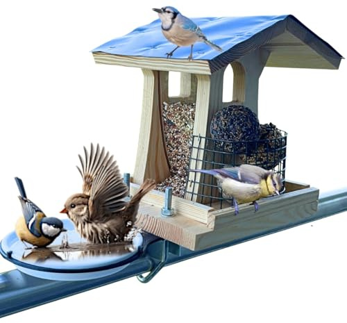 STAFECO Vogelhaus Balkon Vogelfutterhaus Wildvogeltränken Vogeltränke wetterfestem Holz Vogelfutterspender Futterhaus für Vögel Balkongeländer Vogelhäuschen 3 in1 (Balkon)