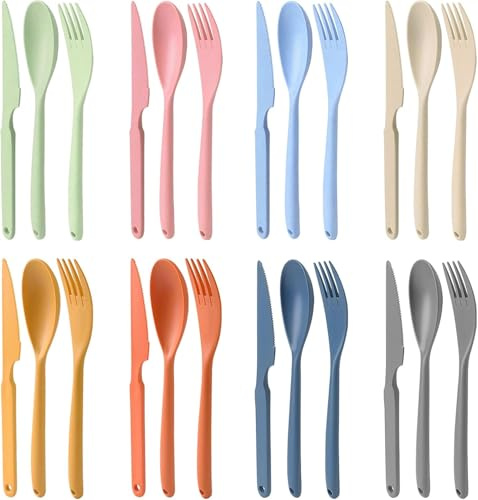 JINGIHE 8 Stück Plastik Besteck Set Camping Reisebesteck für Unterwegs | Mehrweg Plastik Besteck mit Messer Gabel Spork mit Etui für Camping Picknick Outdoor Schule Büro Reise Alltag