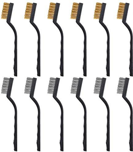 CxutSa 12Pcs Small Wire Brush Set Brass Wire Brush Metal Rust Remover Brushes Stainless Steel Metal Brush for Cleaning Rust 3D Printer Nozzle Welding Slag Dirt with Curved Handle