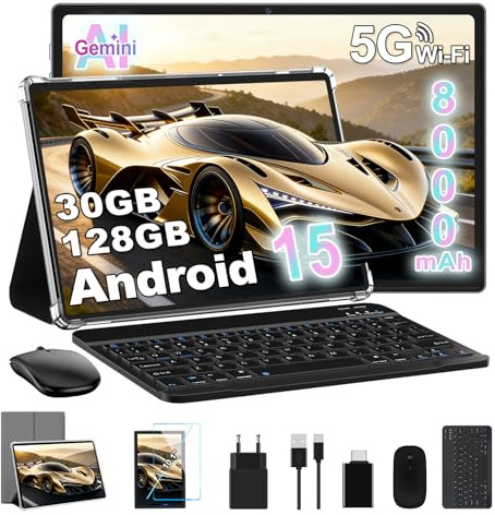 Tablet Android 15, 30GB RAM 128GB ROM(TF 2TB Expandible), 10 Pulgadas, 8000mAh, WIFI 5G, GPS/BT5.0/OTG, Face ID, Widevine L1, Tableta de Cuerpo Metálico con Teclado, Mouse y Funda Protectora -Gris