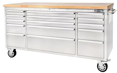 Ultimate Storage 72inch Tool Chest - 15 Drawer Rolling Cabinet | Stainless steel roller cabinet with hardwood worktop, full-extension lockable drawers and heavy-duty castors for workshops.