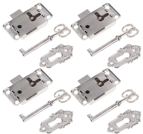 Luxshiny Schrankschloss Metall 4 Satz mit Schlüssel Antike Möbelschlösser für Schmuckkästchen und Schubladen Retro Design Silberfarbene Kastenschlösser für Zuhause