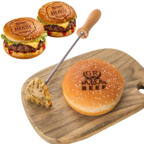 LUXTROO Personalisiertes Brandeisen aus Messing mit eigenem Logo, Brennstempel mit geradem oder gebogenem Griff, Für Burger Steak BBQ Kuchen Leder und Holz, Mehrere Größen