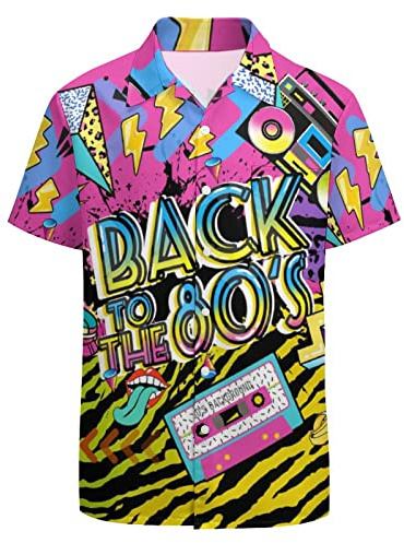 LARSD Chemises des années 80 pour Hommes Chemise boutonnée des années 90 Chemise de Plage hawaïenne Vintage rétro Chemise Disco néon Chemise de fête Amusante, M