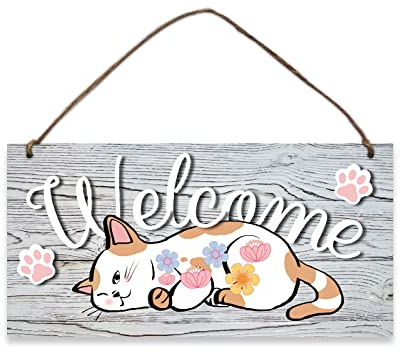 nbeads Panneau de Bienvenue en Bois, Chat Plaque Murale en Bois Suspendre Décoration de Ferme Rustique Décorations Porte D'Entrée avec Ficelle de Jute pour Décoration Murale D'Hôtel, 30x15 cm