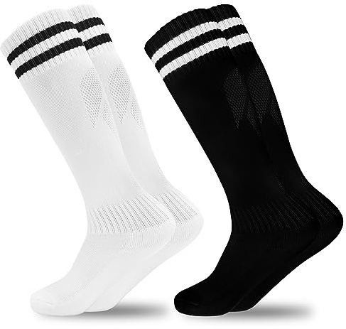 GRPSKCOS Fußball Socken Kinder, 2 Paar Fußball Stutzen Kinder Sport Jungen Mädchen Fussball Socken Kniestrümpfe Kleinkind Streifen Schule Uniform Strümpfe（#1 Weiß Schwarz & Schwarz Weiß，6-12 Jahre