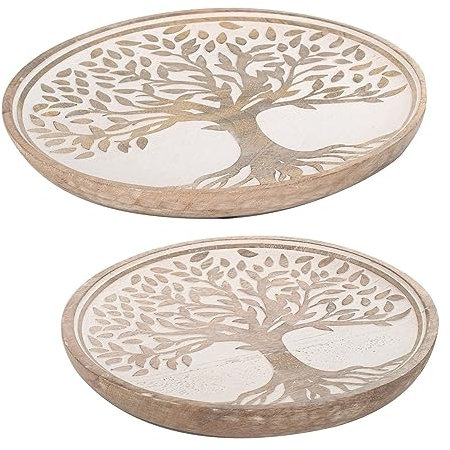 Générique PLATEAU assiette de Présentation en Bois travaillé Set de 2 Décoration Arbre de Vie couleur Beige écru