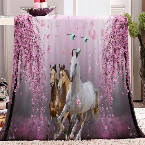 Kuscheldecke 220x240 Tier Pferd & Sakura 3D Druck Weichen Kuscheldecke Flauschig Fleecedecke als Sofadecke Tagesdecke Couchdecke für Mädchen Jungen