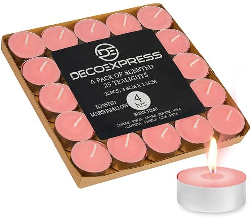 DECO EXPRESS Teelichter Großpackung, 24, 25, 50, 100 oder 200 Teelichter Lange Brenndauer 4, 8 oder 10 Stunden (Gerösteter Marshmallow 25/4 Stunden)