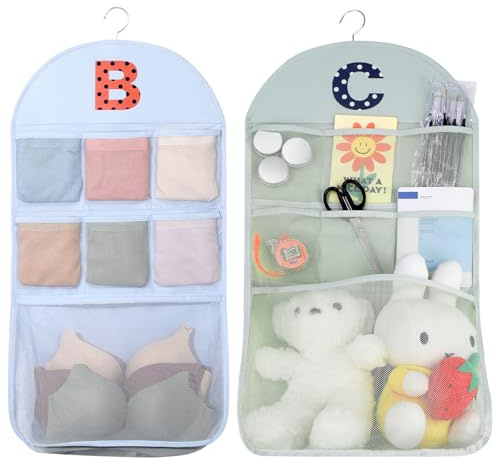 Cozary Bolsa Colgante - Bolsa de Colores Macaron - Diseño de Malla Transparente, 7 Bolsillos de Gran Capacidad, Almacenamiento Eficiente, Ahorra Espacio, Uso para Casa y Viajes(Set de 2)