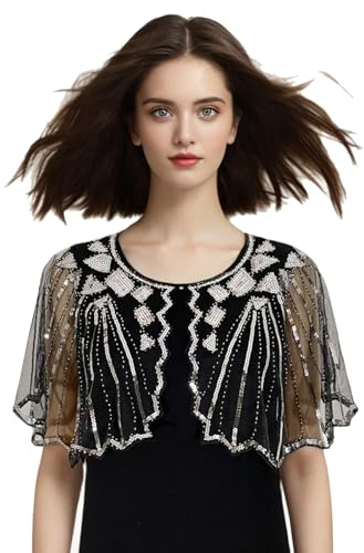 zurabini Damen Festlich Pailletten Umhang Schal, 1920s Stola Schal Damen Pailletten Umschlagtücher für Abendkleid Retro Gatsby Party Kostüm Accessoires